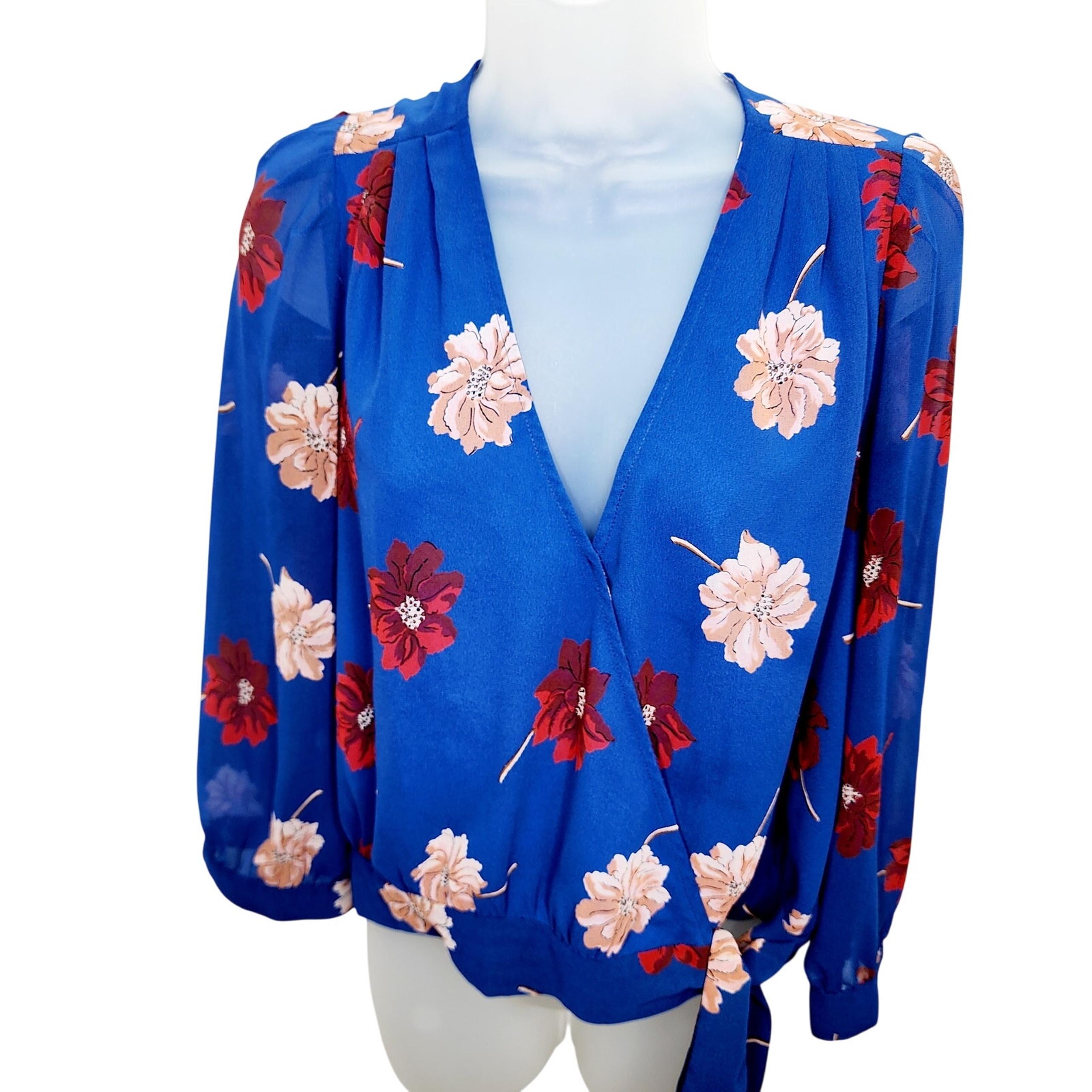 Madewell Effie Blue Floral 3/4 Sleeve V Neck  Wrap Style Women's Blouse Top L
