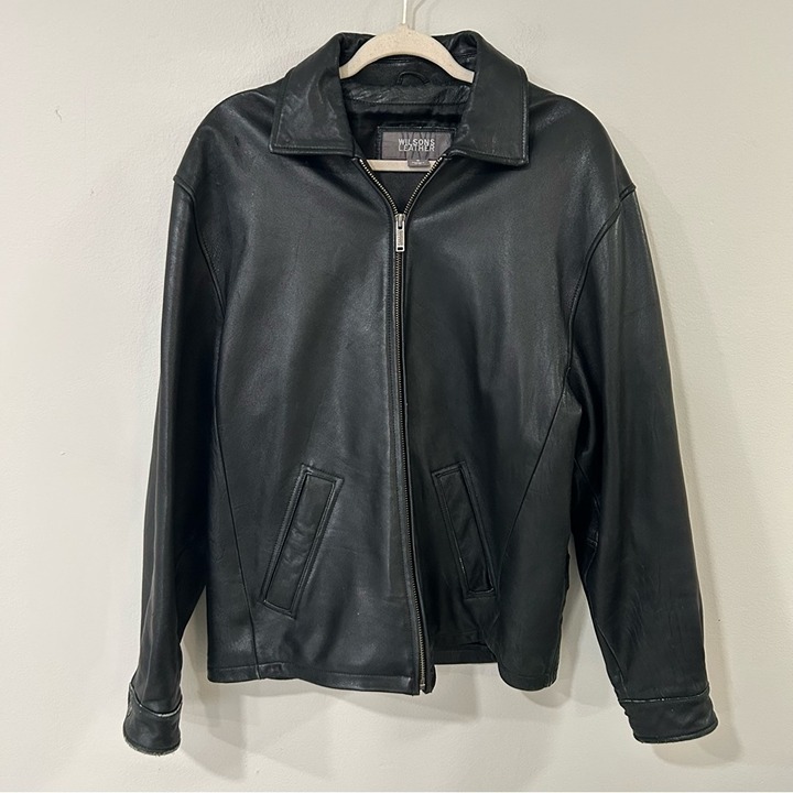 Wilsons Leather Black Oversized Bomber Zip-Up Heavy Jacket Men’s Size Small