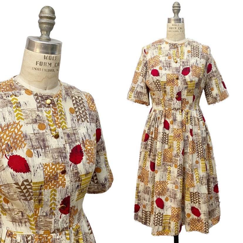 Vintage 1960s Mid Century Abstract Patterned Cotton Shirt Dress Medium
