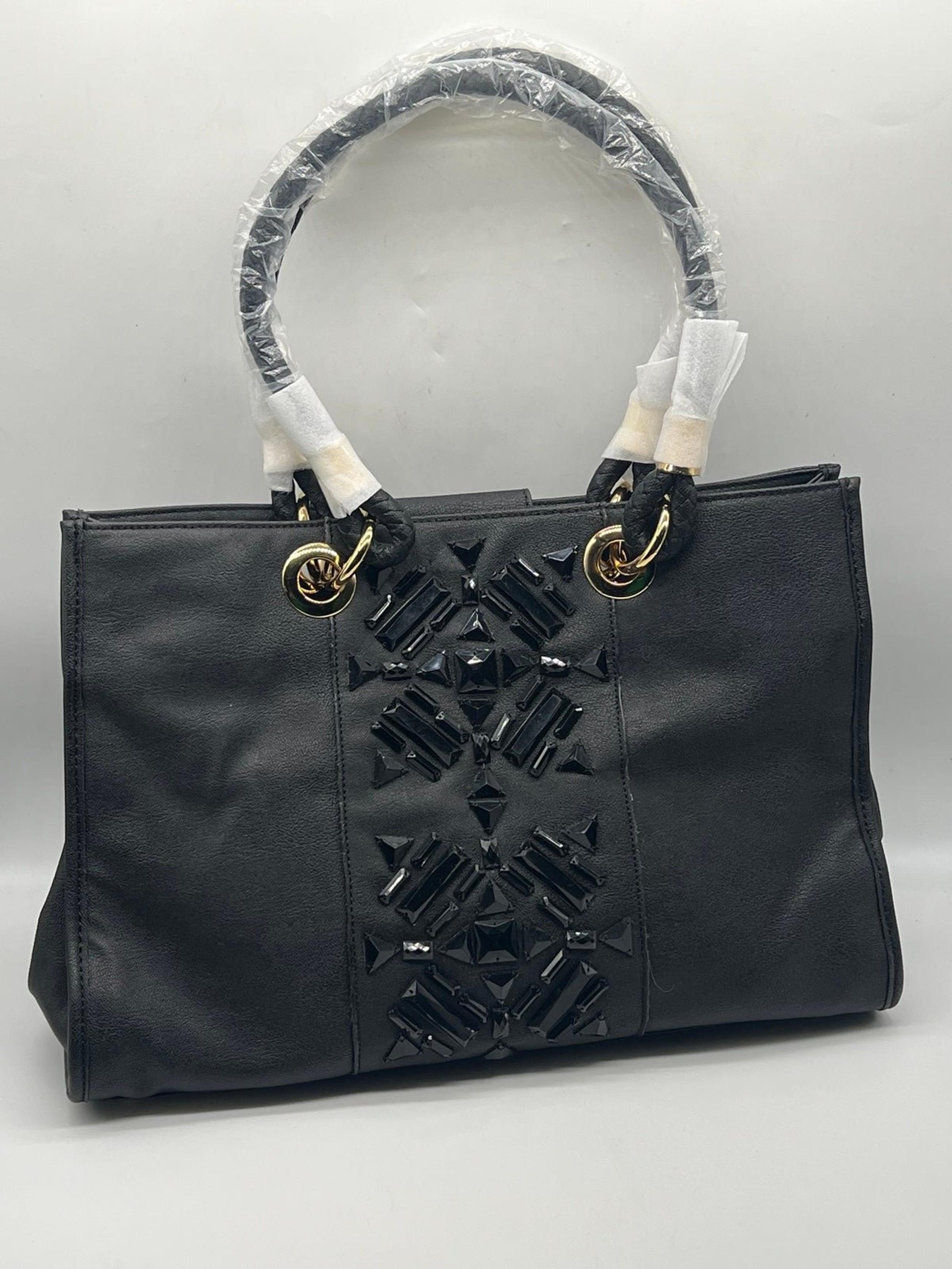 IMAN Black Synthetic Leather Tote Black & Gold Details with Dustbag
