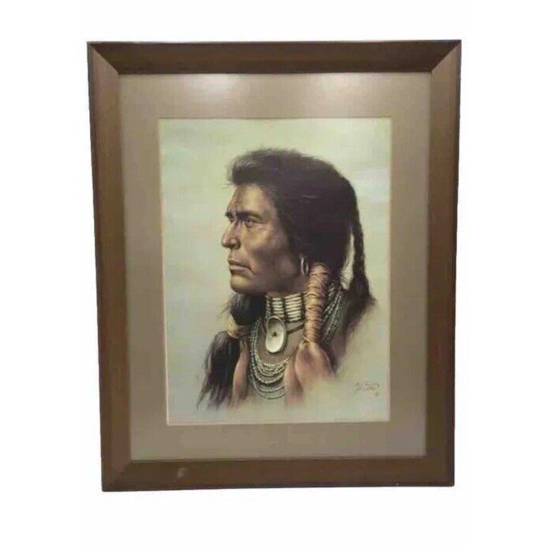 Vintage Bill Hampton Native American Decorative Wall Print In Wooden Frame