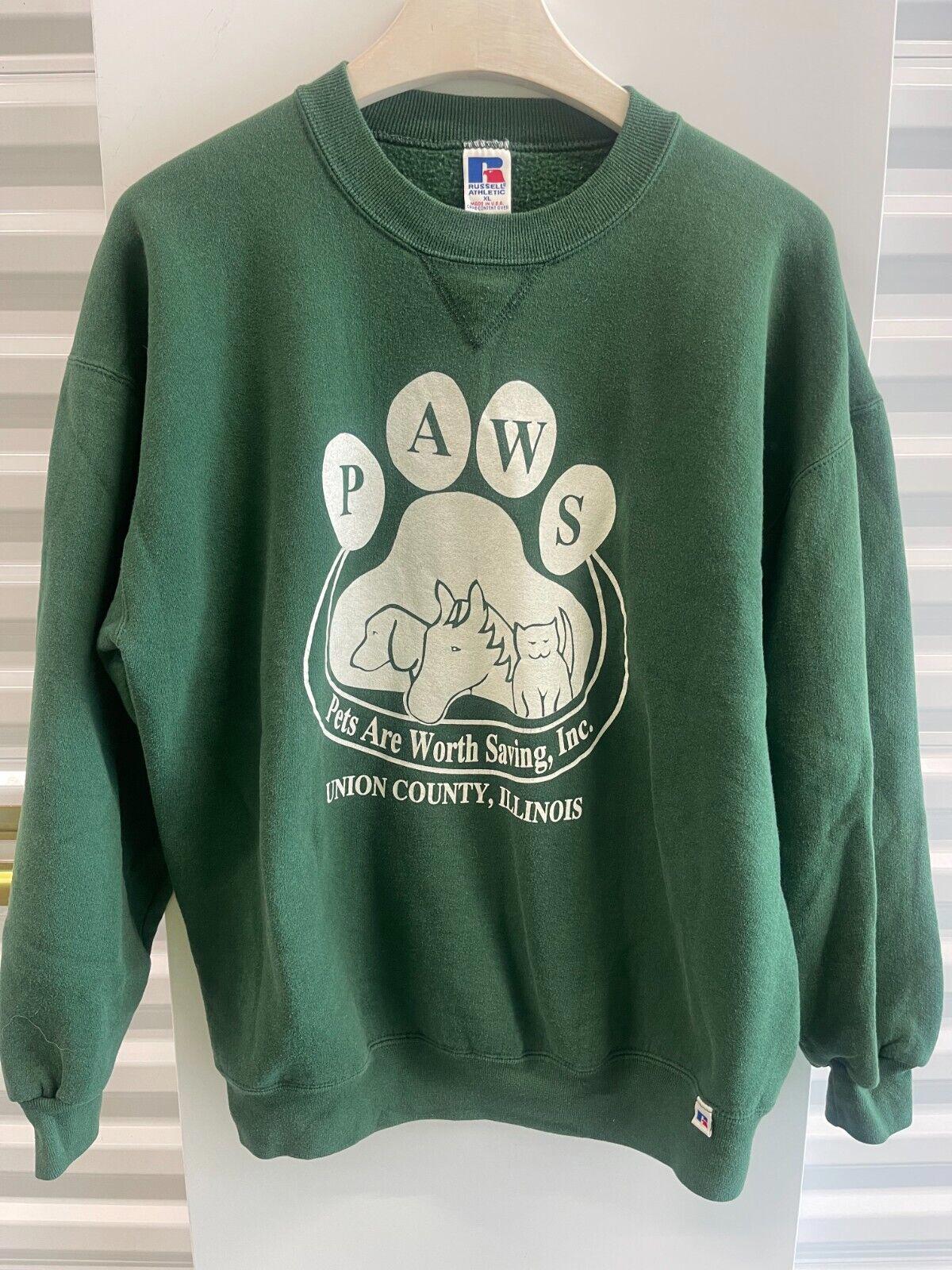 VINTAGE 80S 90S PETS ARE WORTH SAVING SWEATER GREEN RUSSELL ATHLETICS SZ XL