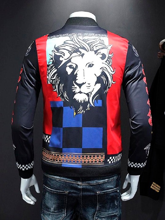 Retro Multicolor Lion/Medusa Print Trendy Fashion Men Bomber Jacket Size M