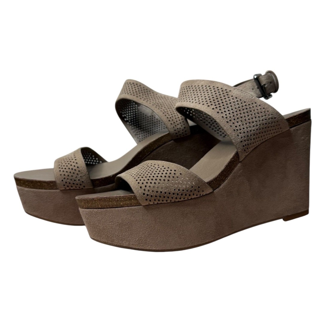 Vince Camuto Taupe Lux Leather Vessinta Ankle Strap Wedge Sandals US Size 6.5