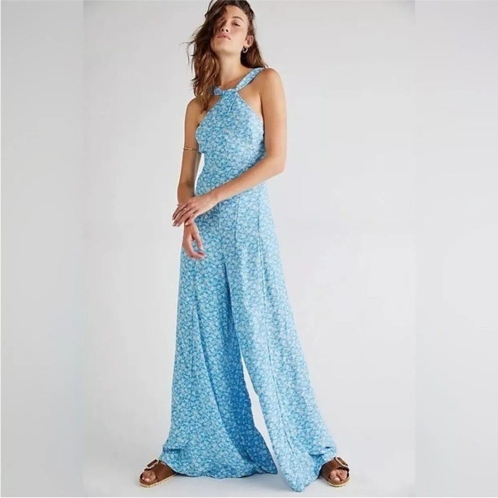 Free People Arlo Blue Floral Halter Boho Wide Leg Flowy Jumpsuit L