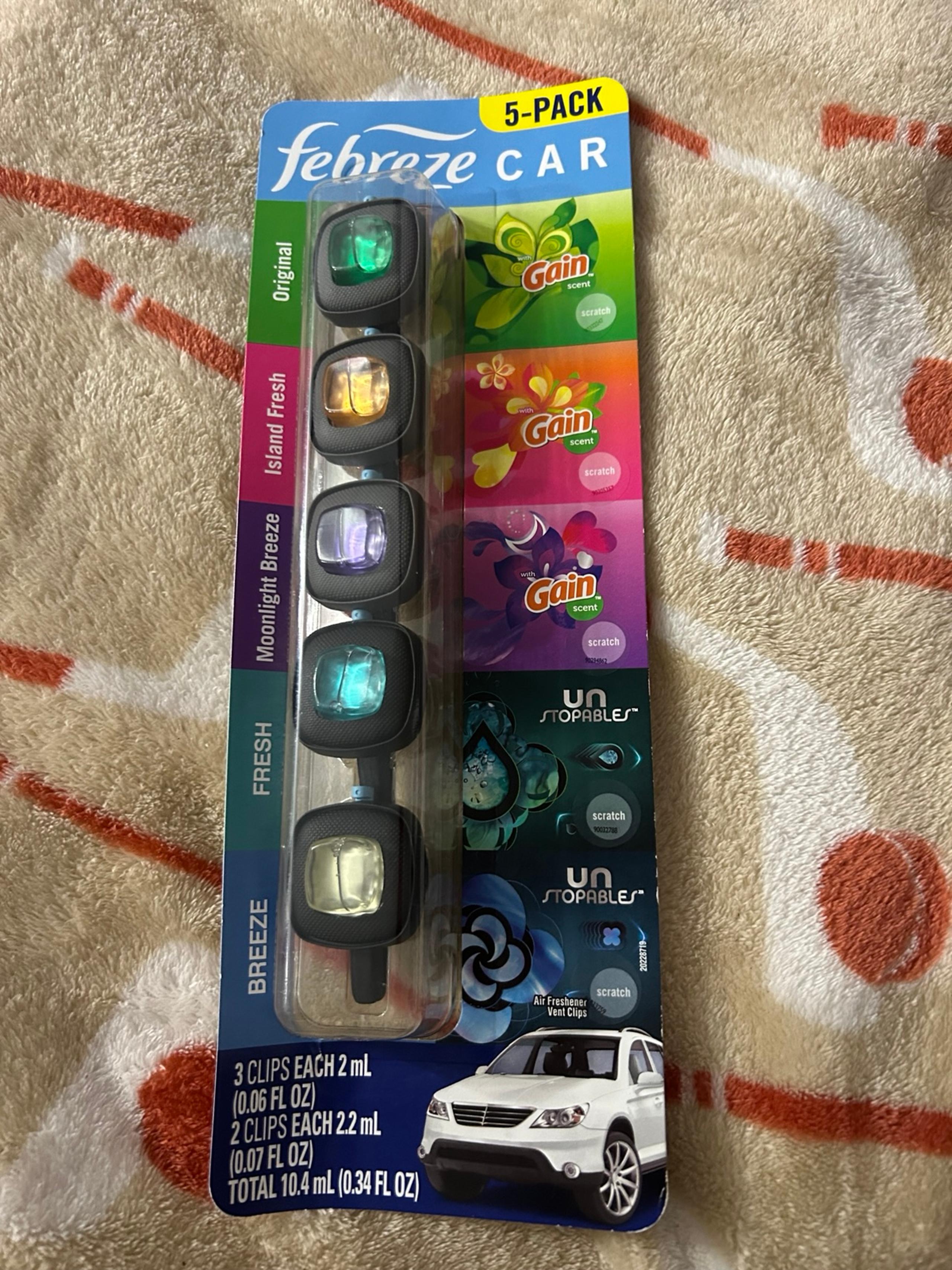 Febreze Car Gain & Unstopables Air Freshener with Vent Clip, Variety Pack, 5pk