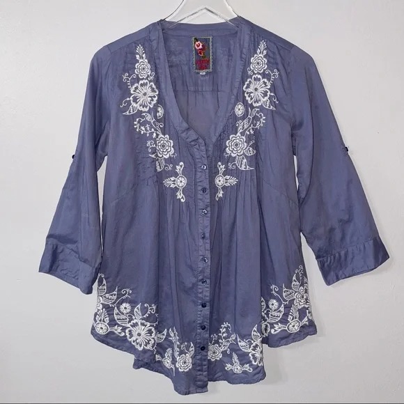 Johnny Was Blue and White Embroidered Button Down Shirt