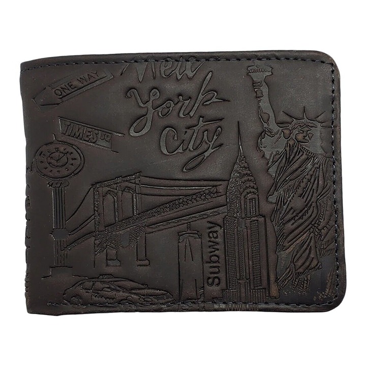 NWT New York City USA Men's Brown Multi Card ID Embossed Leather Bifold Wallet
