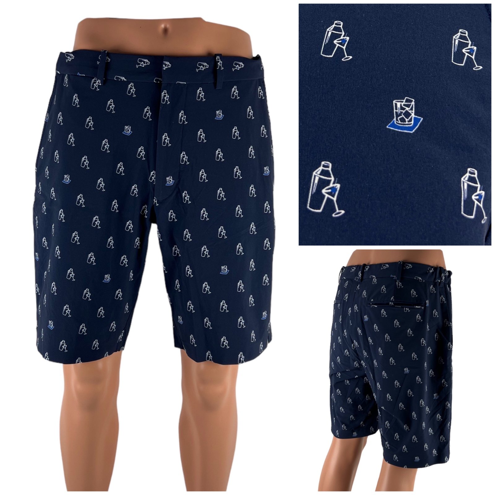 Polo Golf Ralph Lauren Mens 34 Shorts Blue Martini All Over Hybrid Lined EUC