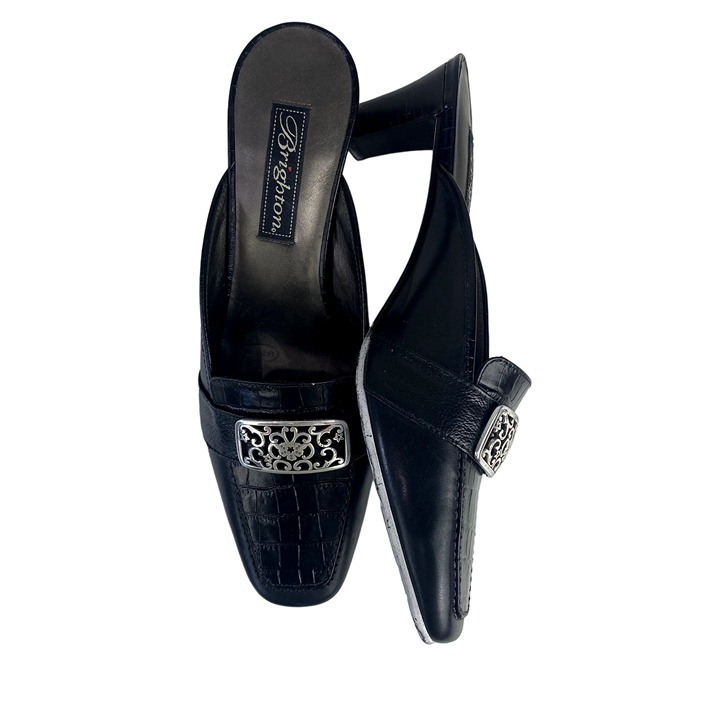 Brighton Steph Black Leather Crocodile Mule Heels 7.5