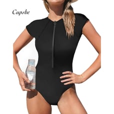 Cupshe Black Mock Neck Zipper Short Sleeve One Piece Swimsuit NWT Size XS