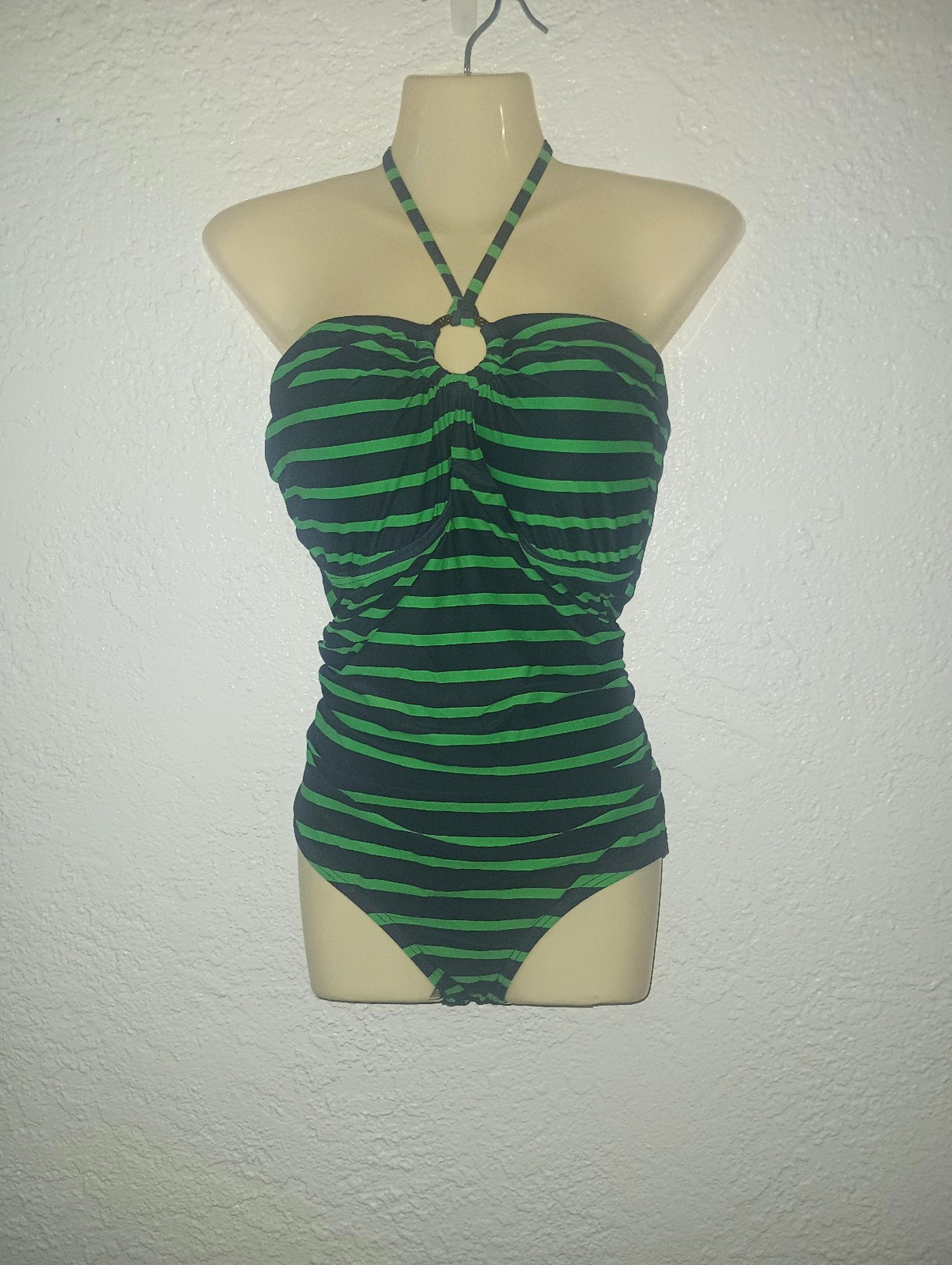 Michael Kors Black Green Striped Halter Swimsuit