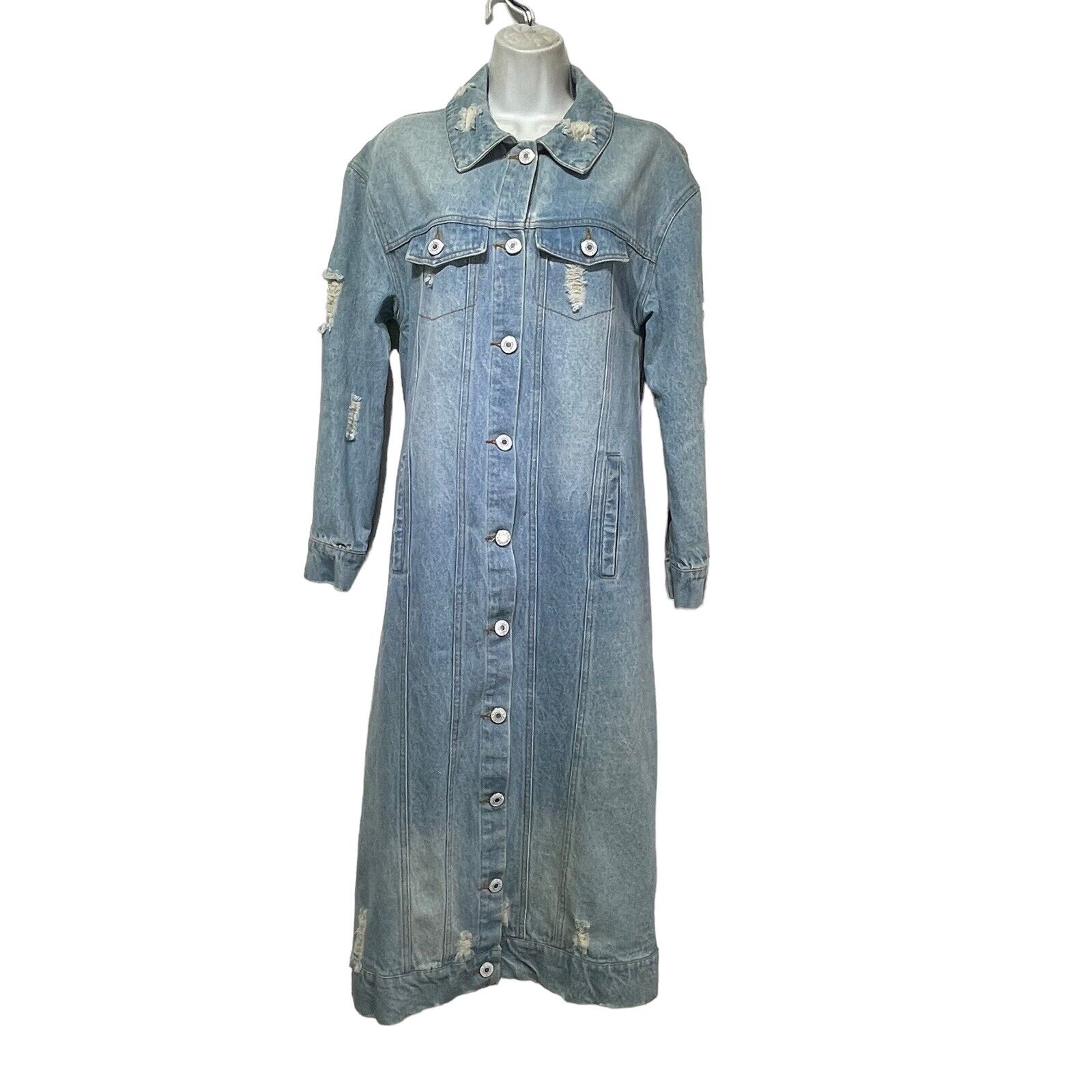 modesty barbie distressed long denim jacket size S