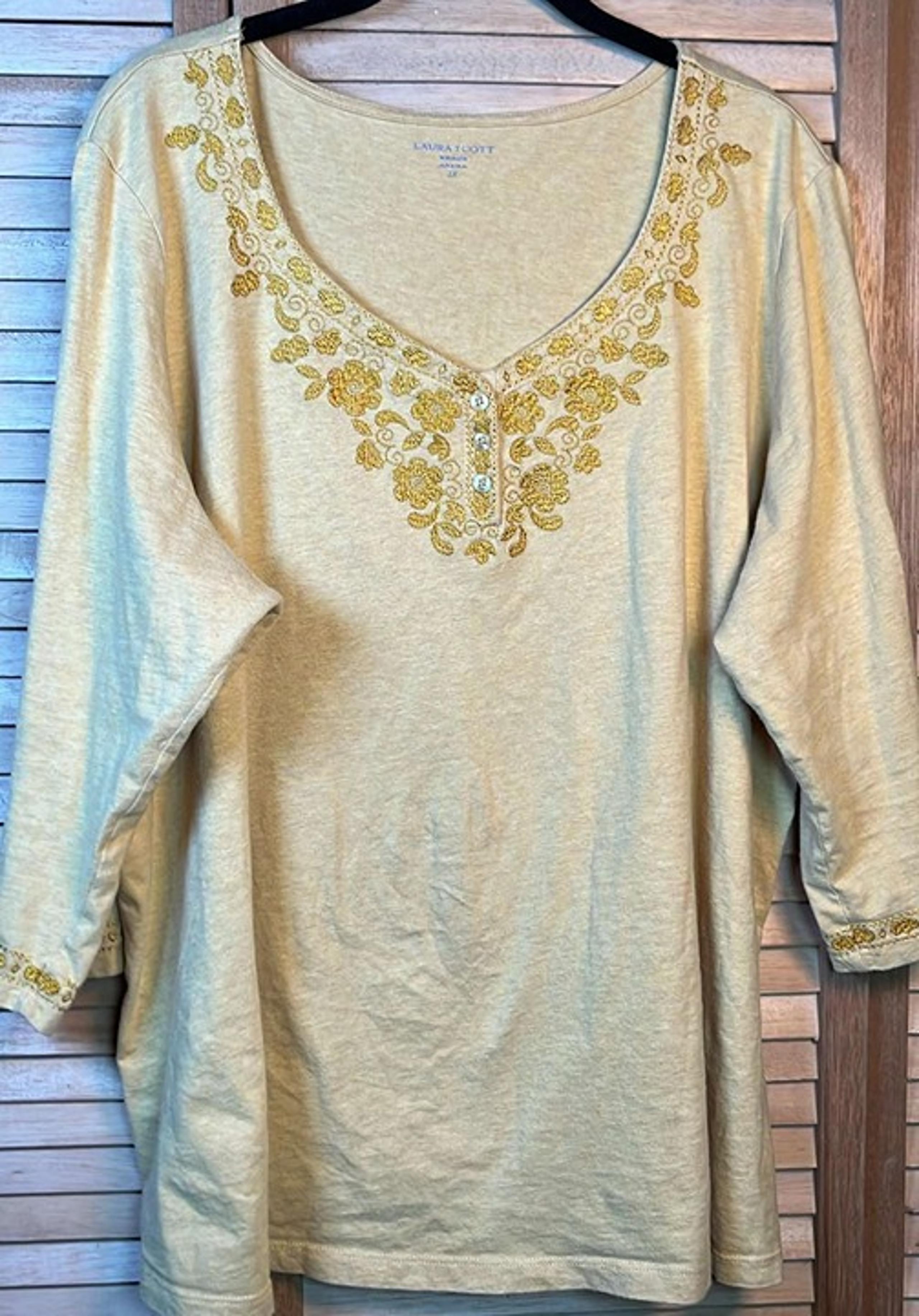 Laura Scott Grapefruit Orange Long Sleeve Embroidered Henley