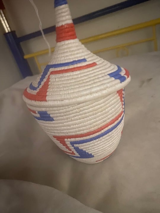 African Hand Woven life’s basket life’s Tight Weave. Red white blue yarn fabric