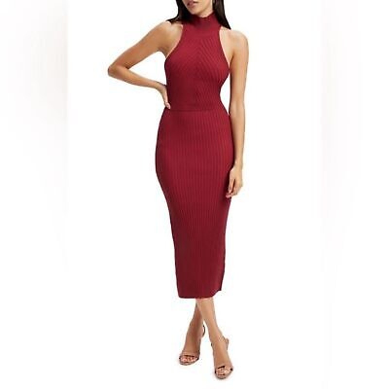 Good American Ribbed Mock Neck Midi Sweater Dress Red Size L/XL