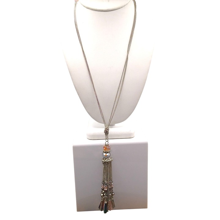 Crystal Chandelier Tassel Pendant Necklace, Soft Pink and Grey on Silver Tone