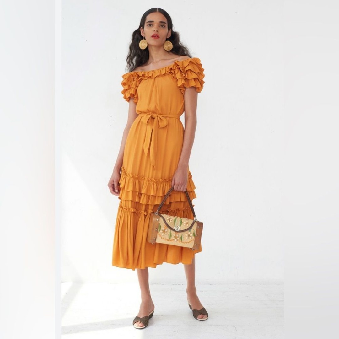 Marissa Webb Tiered Mustard Yellow Ruffle Midi Dress Size Small