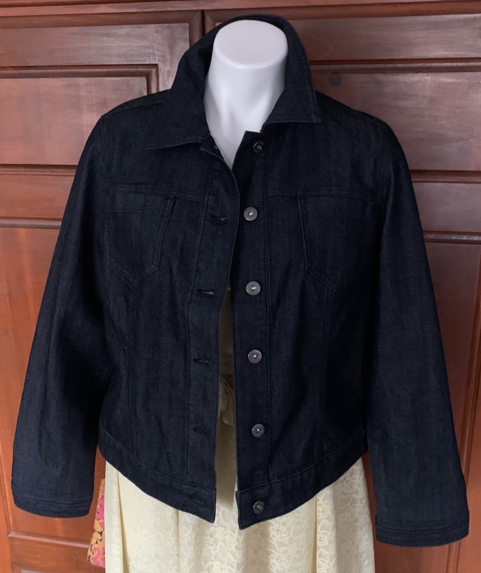 Chico’s size 1 jean jacket, dark bluish black, charcoal.