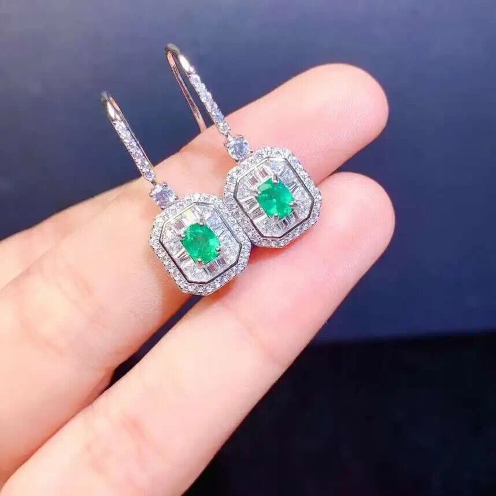 Natural Emerald and CZ Square Dangle Earrings pLatinum Plated 4x5mm, Emerald