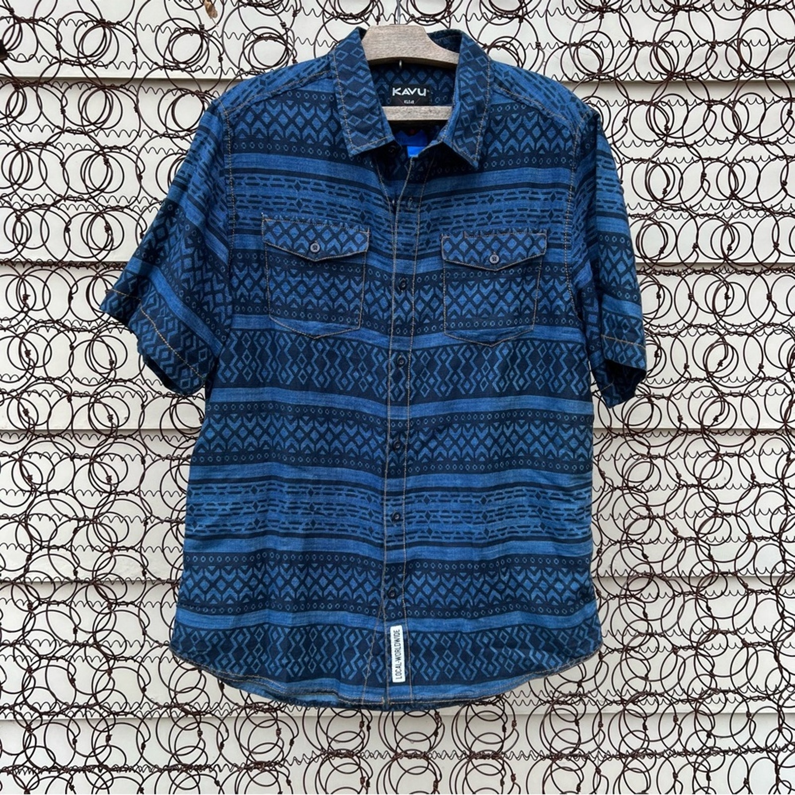 Kavu Navy black blue tribal Aztec stripe short sleeve button down shirt
