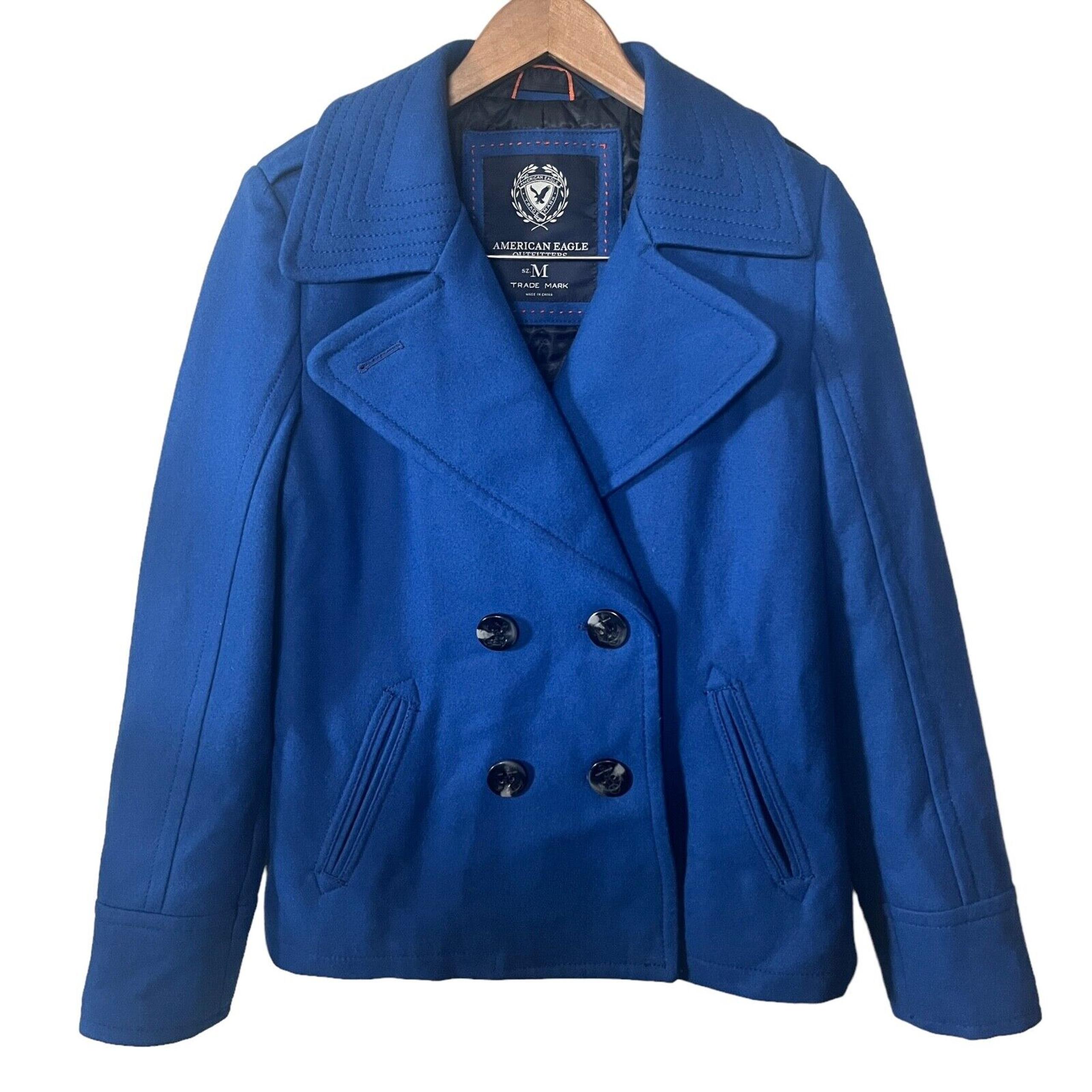 American Eagle Pea Coat Womens Y2K Cobalt Blue Wool Blend Big Button Jacket M