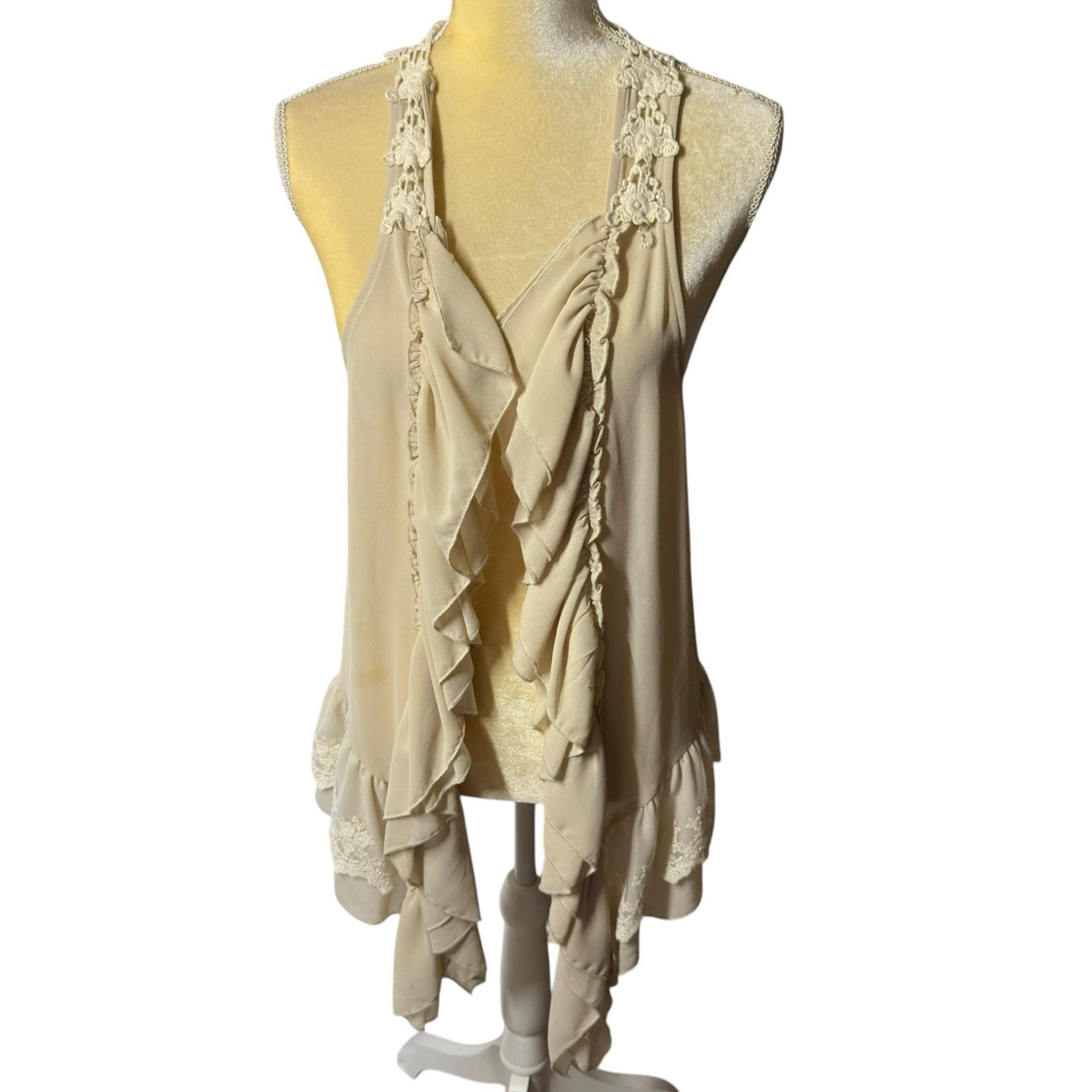 Umgee Vest Women's S/M Beige Lightweight Ruffled Crocheted Lace Boho