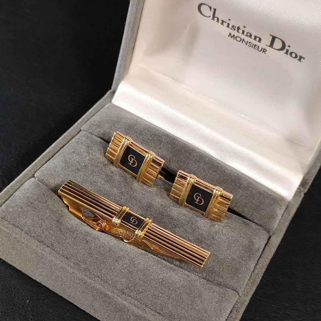【Excellent Condition】Dior Cufflinks and Tie Pin Set, Gold and Black, CD