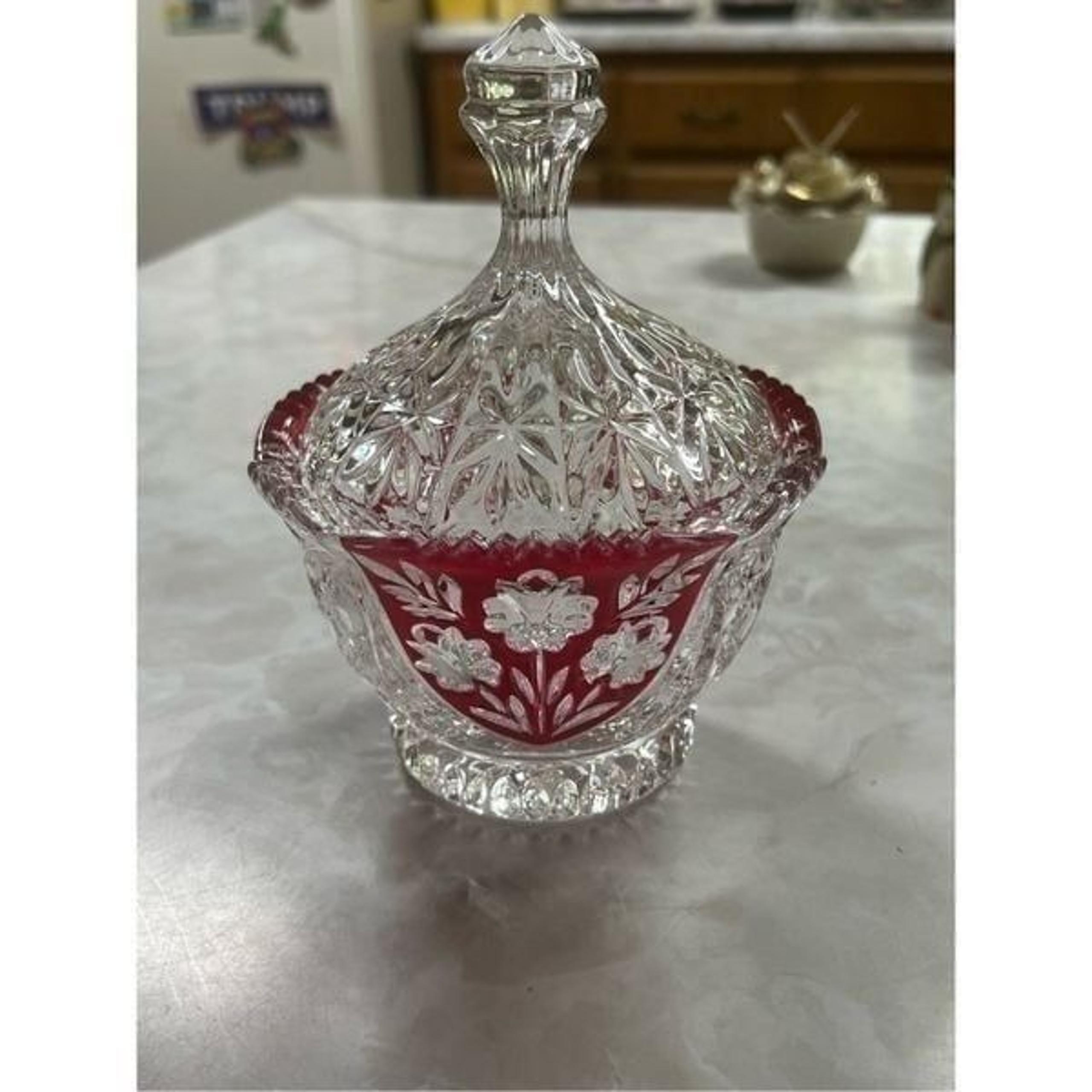 Fifth Avenue 24% Crystal Red Cut To Clear Covered Candy / Nut Dish bowl With Lid