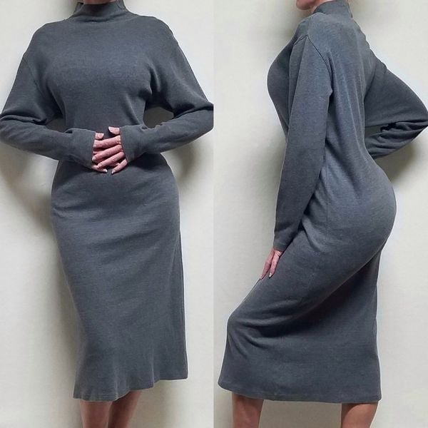 Rare Vintage 90s J. Crew Grey Cotton Mock Neck Long Sleeve Midi Sweater Dress L