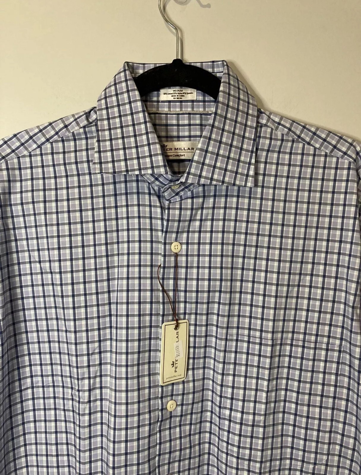 PETER MILLAR Crown Comfort Medium Purple Blue Plaid Stretch Men's Shirt