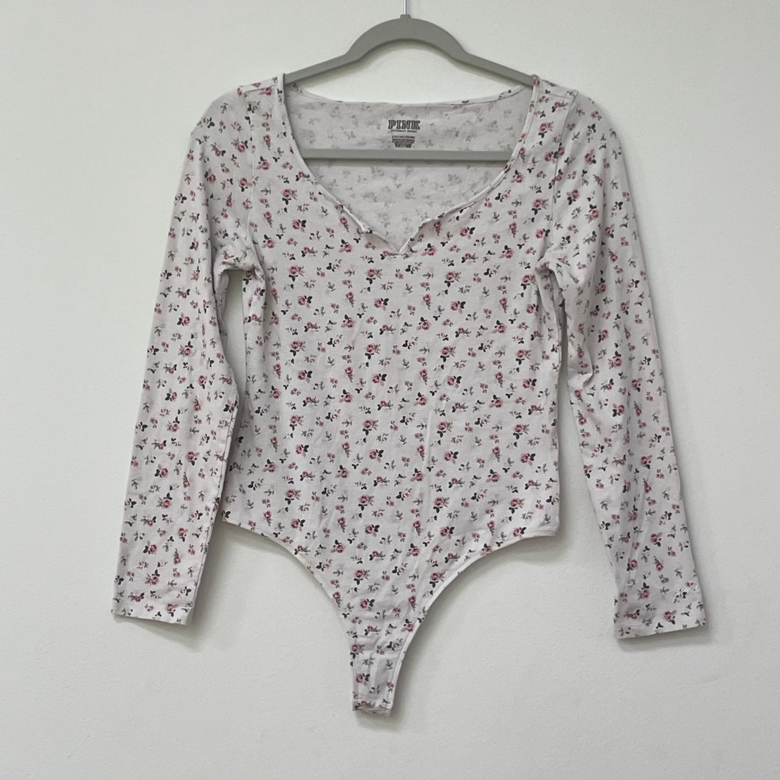 Victoria’s Secret Pink White Rose Floral Long Sleeve Cotton Bodysuit Women Sz S