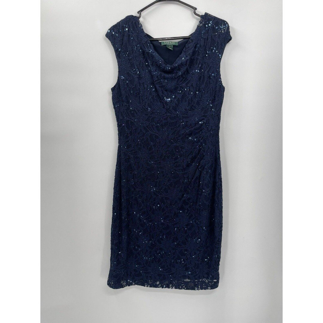 Lauren Ralph Lauren Women's Dress Navy Blue Lace Size 12 Cap Sleeve Knee Length