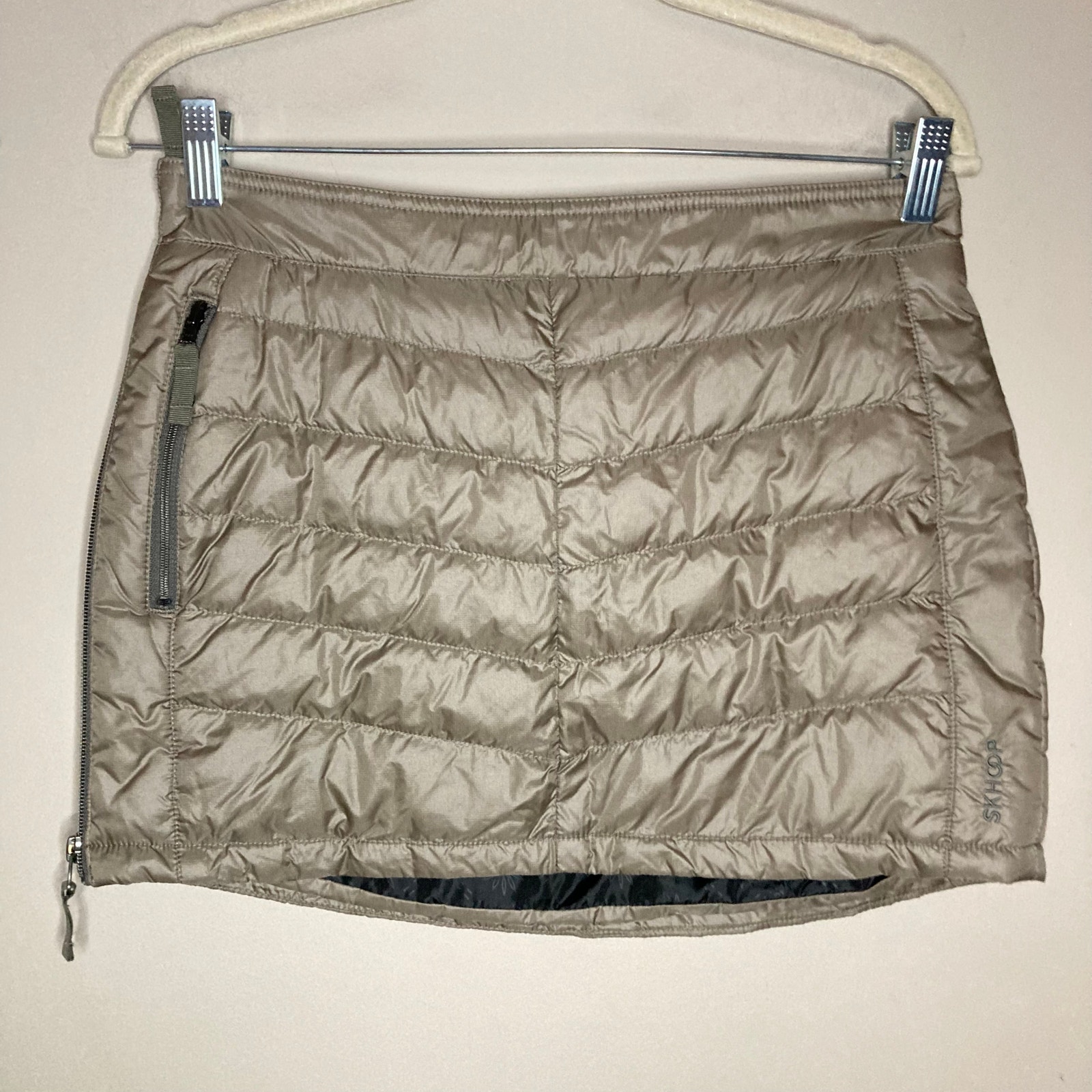 Skhoop Insulated Puffer Mini Skirt Down Gold Tan Side Zip Size Small