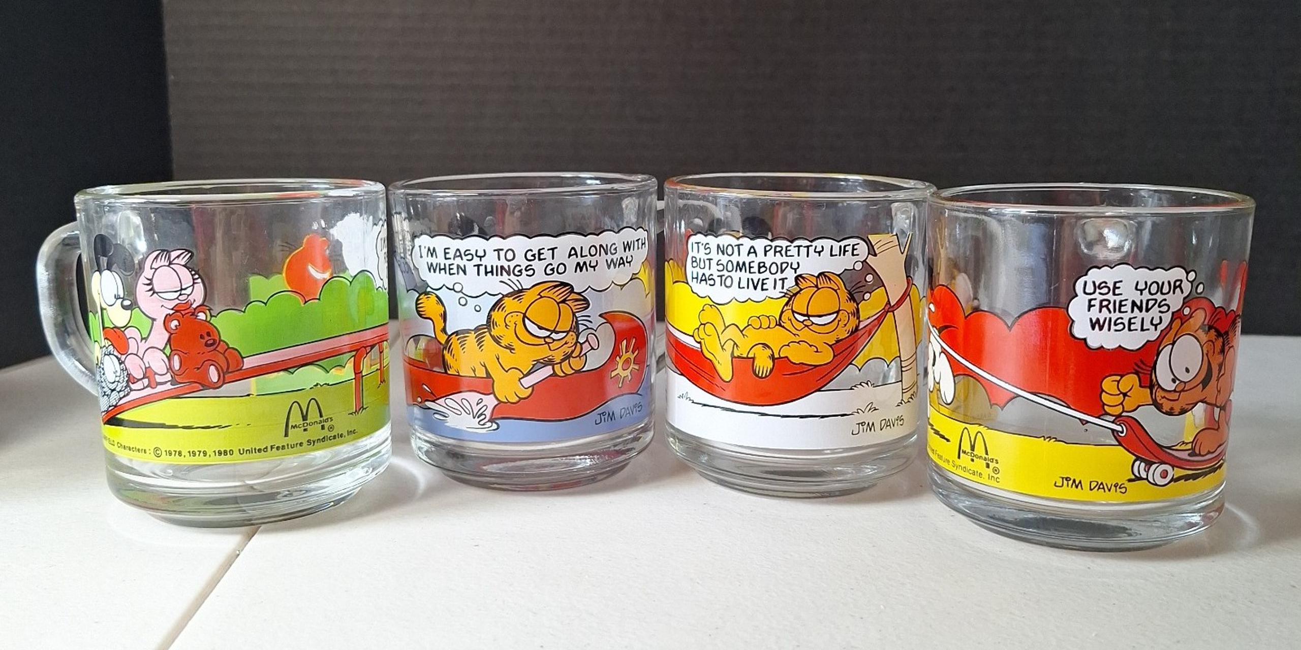4 McDonalds Vintage Garfield Glass Coffee Mugs Cups 1978 Crystal Clear Near Mint