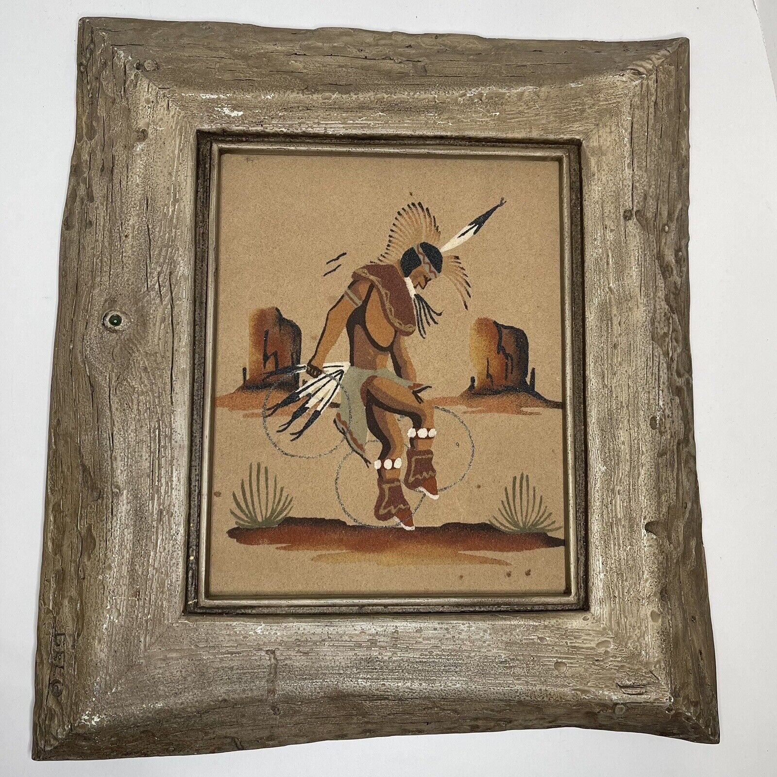 Vintage Navajo Hoop Dancer Sand Painting Framed In A Rustic Wood Frame &Signed