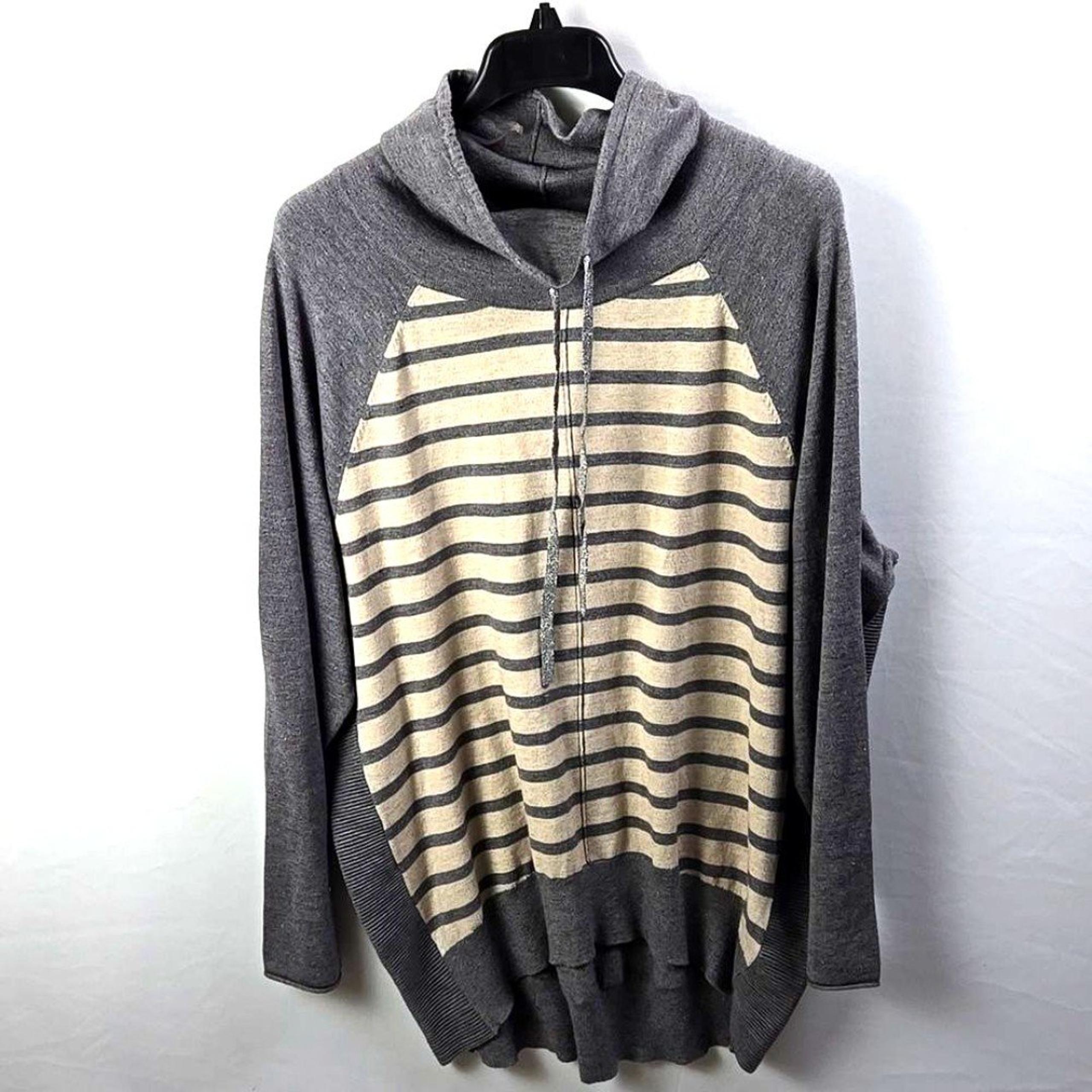 St John's Bay Tan & Gray Cowl Neck Pull Over Sweater Knit Striped Pockets Sz XL