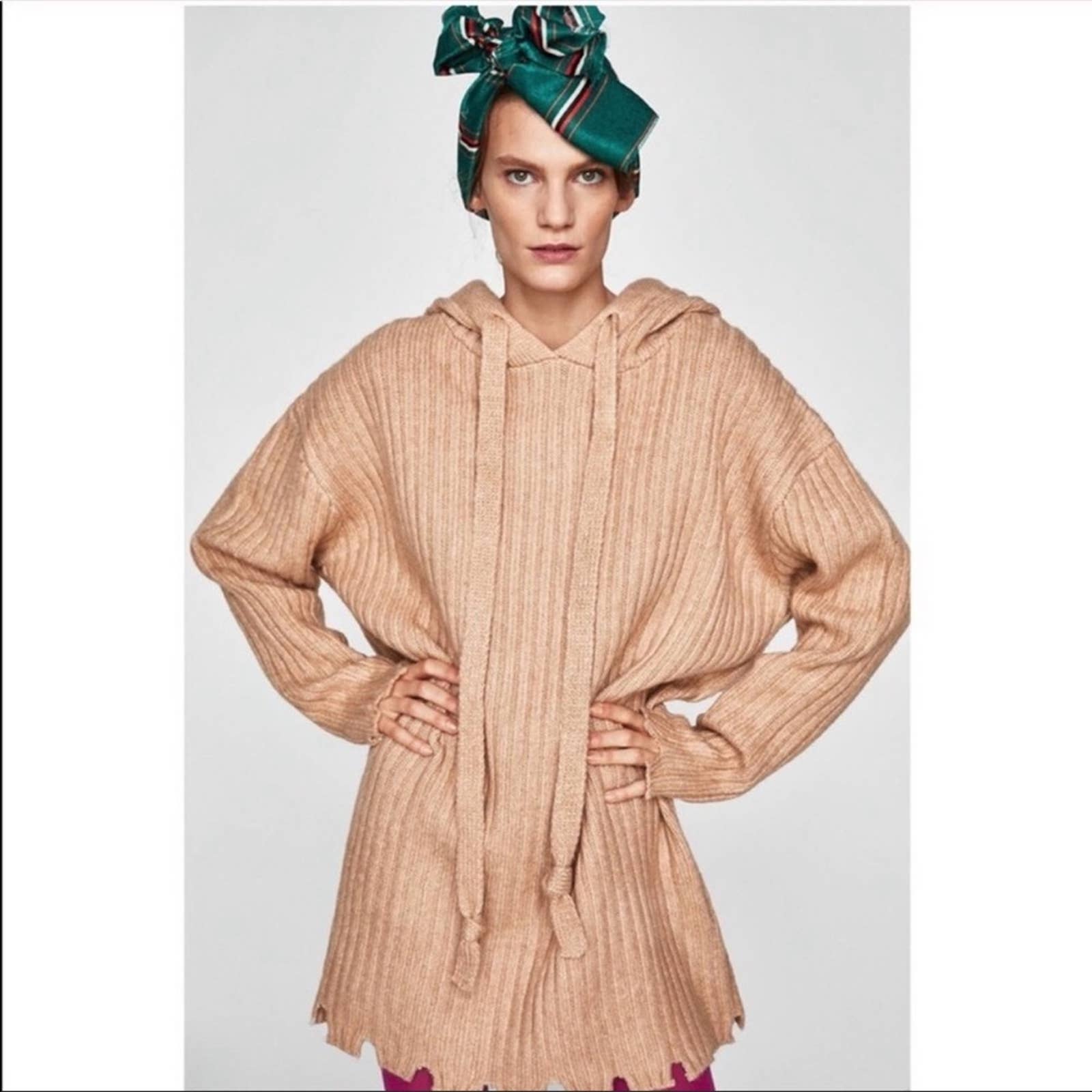 Zara Tan Oversized Chunky Knit Sweater Dress with Hood Size S