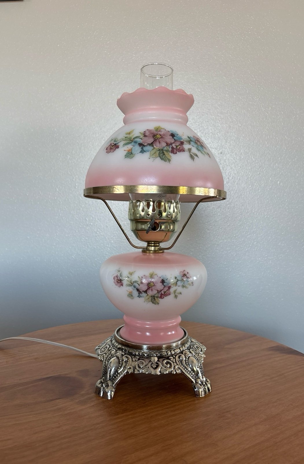 Vintage Hurricane Lamp Milk Glass Blush Pink Floral 3 Way click Table Lamp