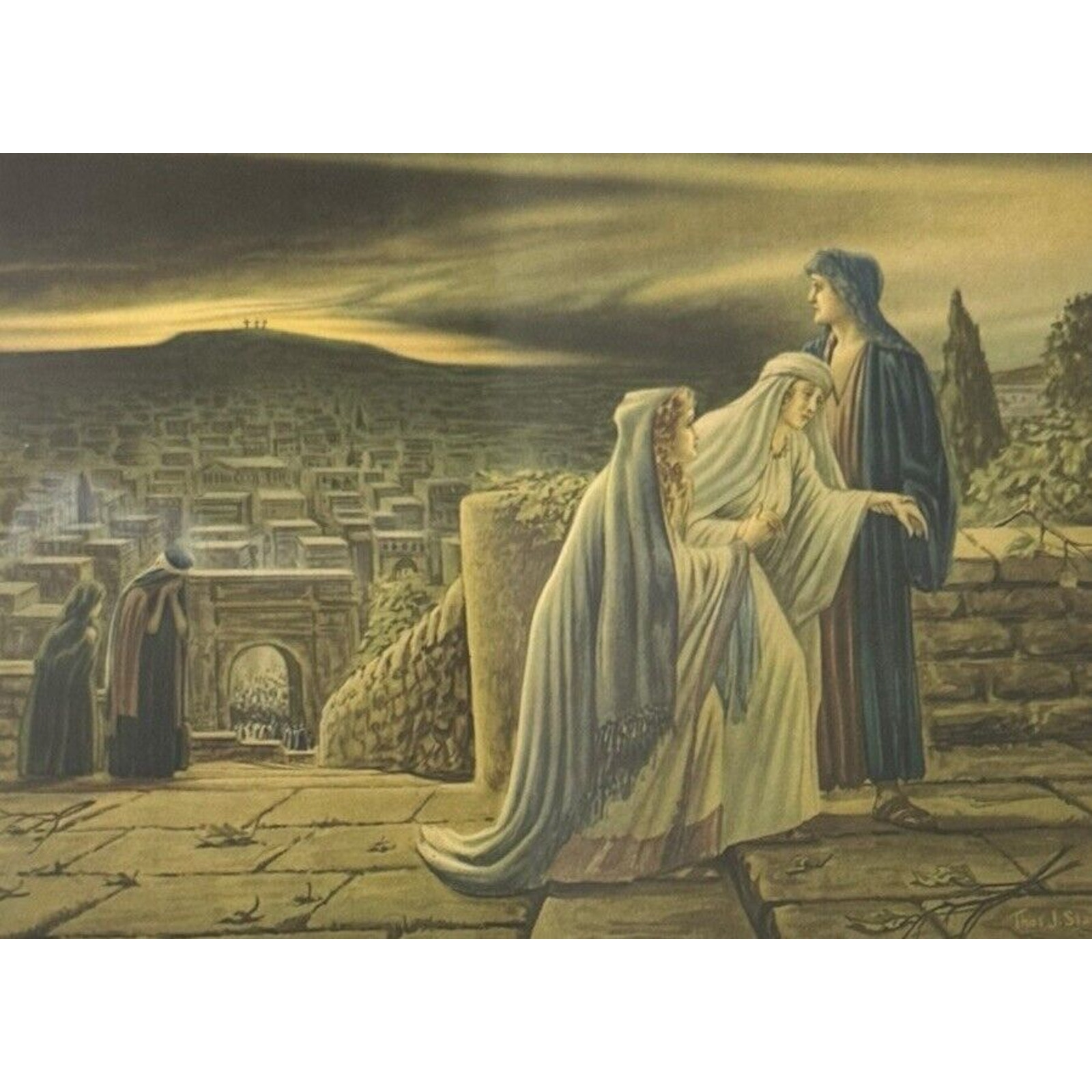 Antique Religious Herbert Schmalz Lithograph The Return From Calvary Virgin Mary