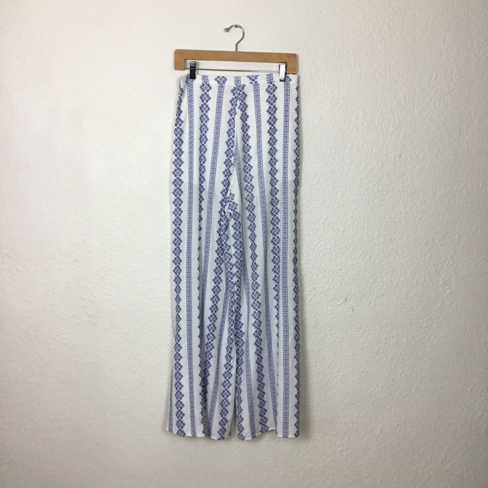 Dejavu Womens Pants Size M Cotton/Polyester Wide Leg Lightweight White/Blue