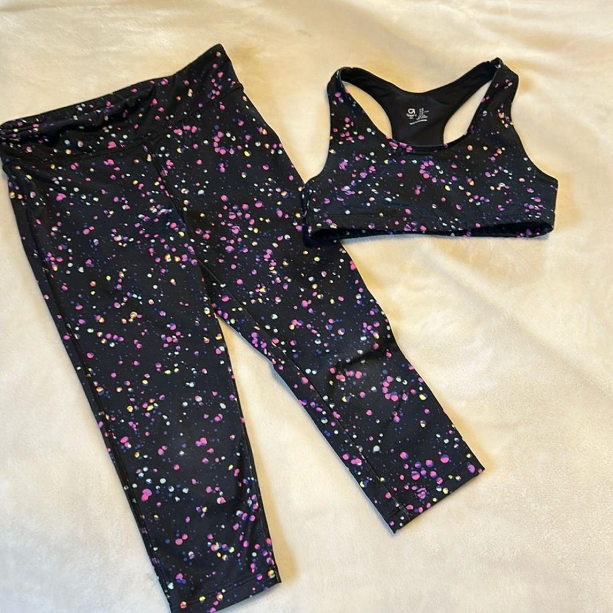 Gap Fit black with multicolored dots sports bra and leggings girls size small
