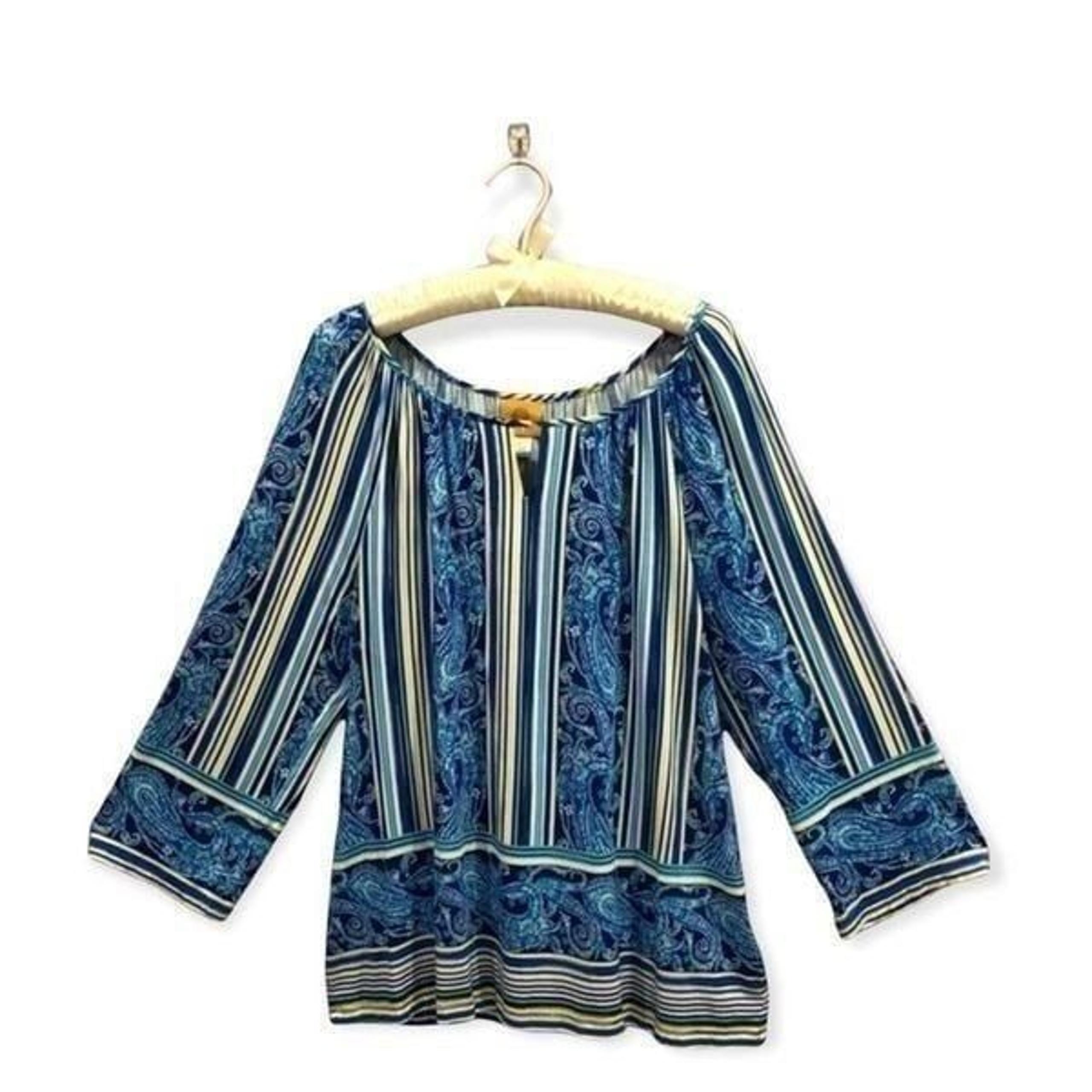RUBY RD. Blue, Yellow Striped Paisley Wide Sleeve Polyester, Size L - Ruby Rd.