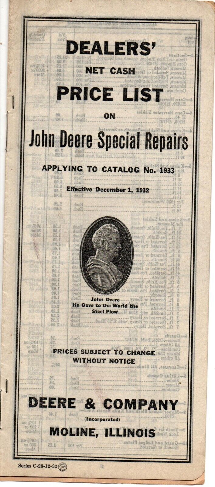 1932 John Deere special repairs dealers net cash price list Rare OOP