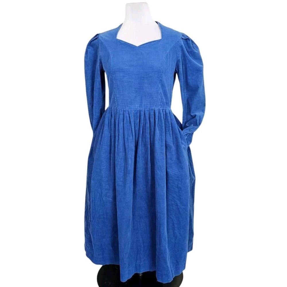 Vintage 80s Laura Ashley US14 UK16 Corduroy Dress Puff Sleeve Cottagecore Modest