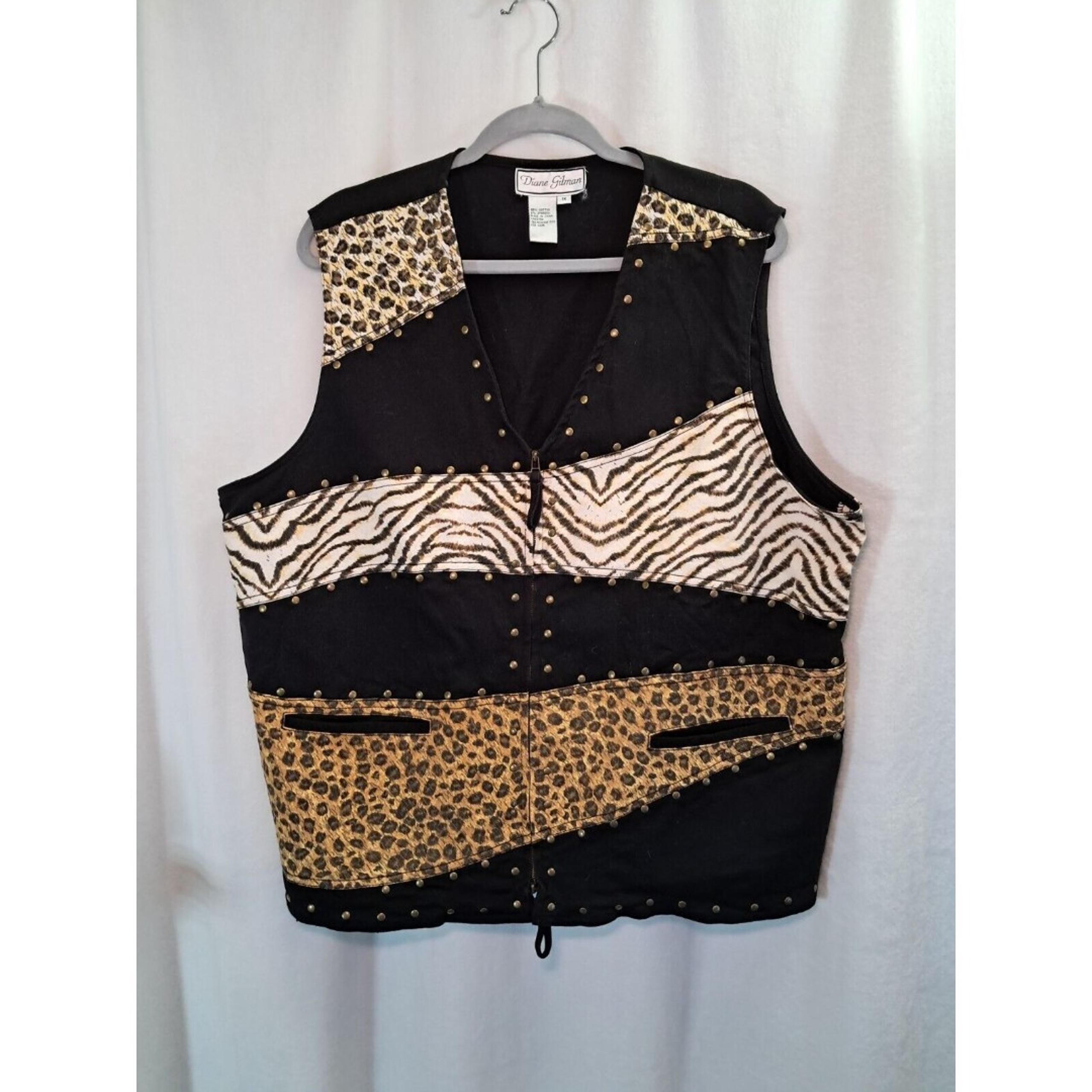 Diane Gilman Animal Print Studded Vest Two Way Zipper SMALL FLAW Size 1X Black