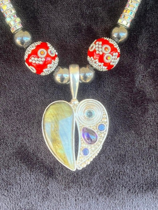 OOAK Sajen Multi-Gemstone Heart Pendant on Beautiful Beaded Necklace