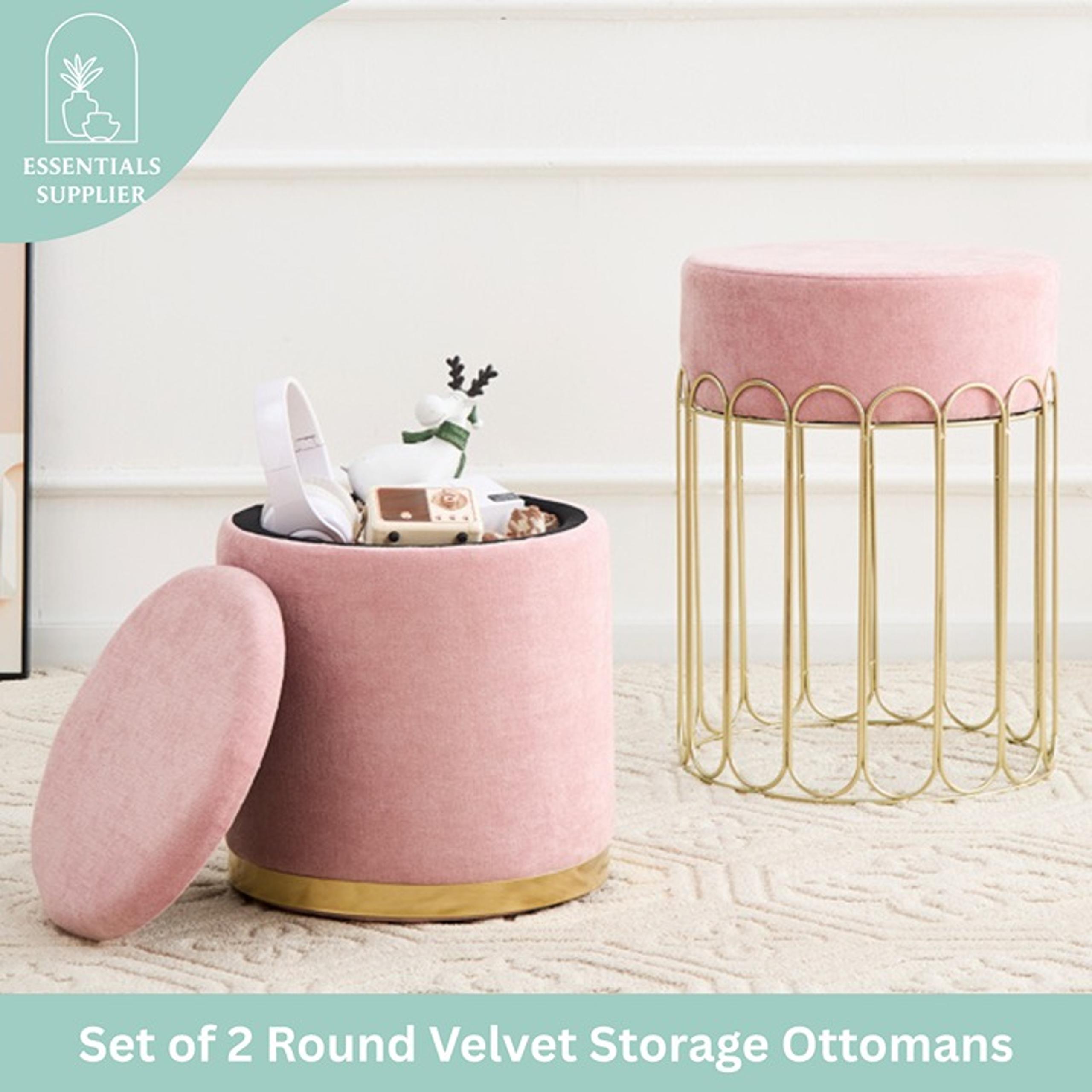 Set of 2 Round Velvet Storage Ottomans with Removable Lids – Pink