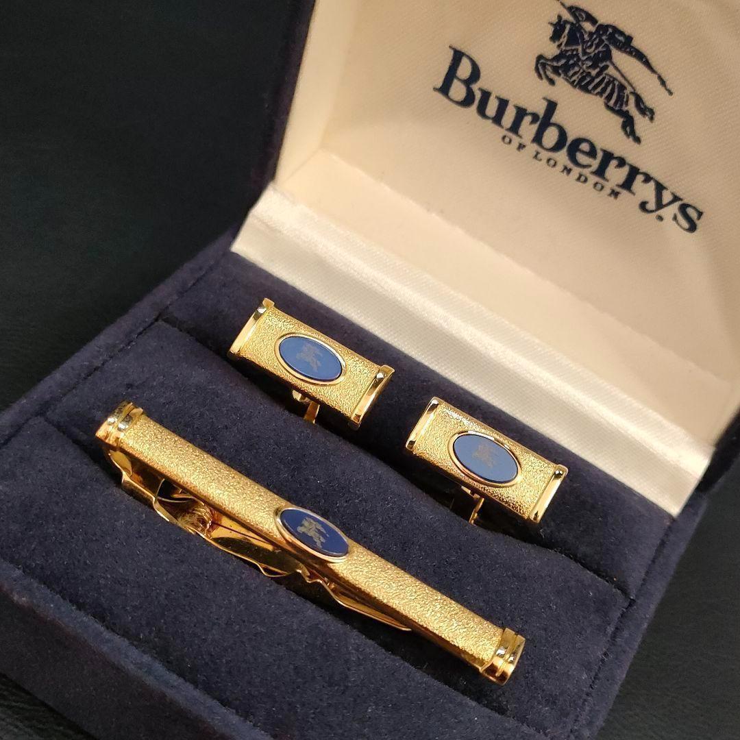【Excellent Condition】Burberry Cufflinks and Tie Pin Set, Gold and Blue