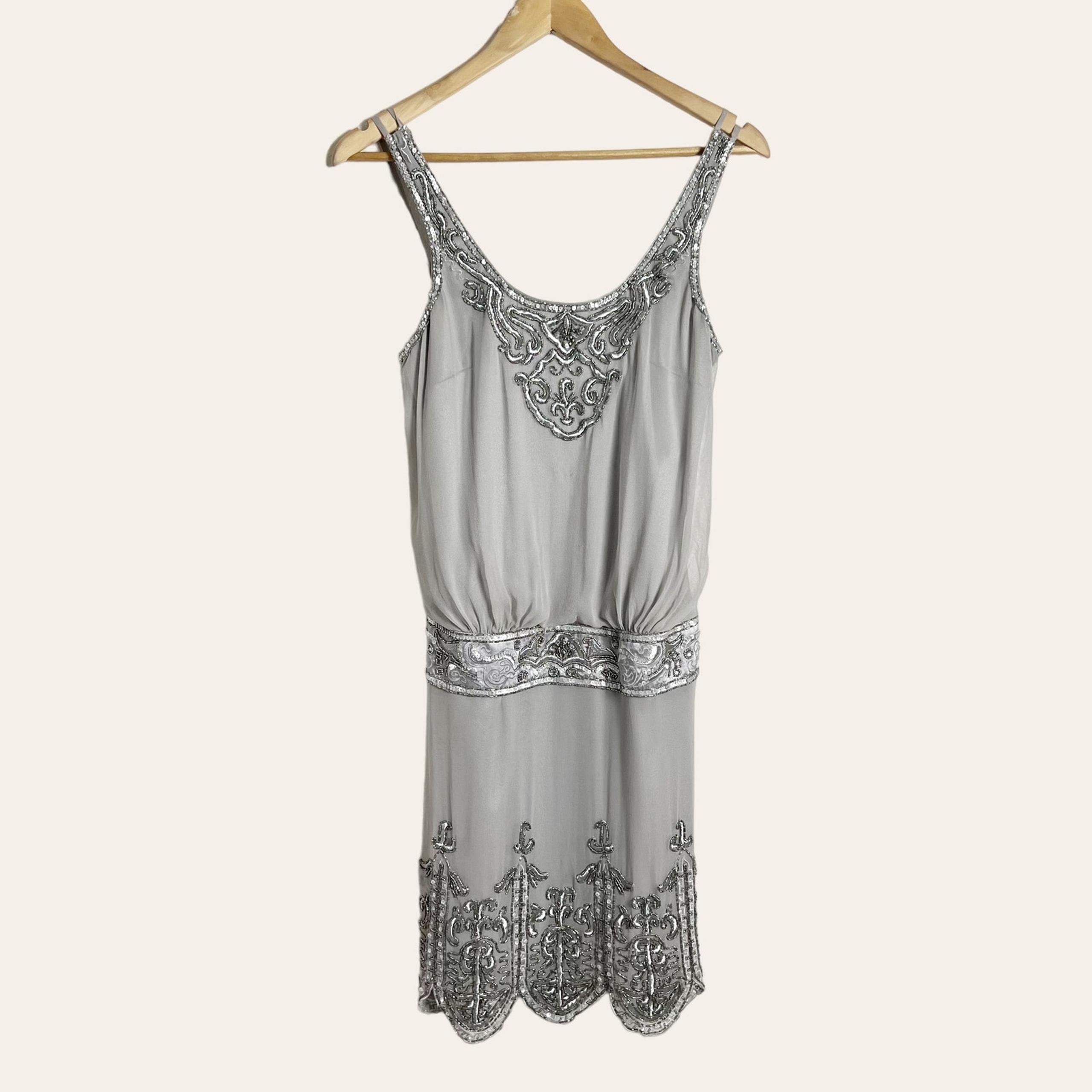 Sue Wong Gray Silver Silk Beaded Sequin Cocktail Sress Size 2